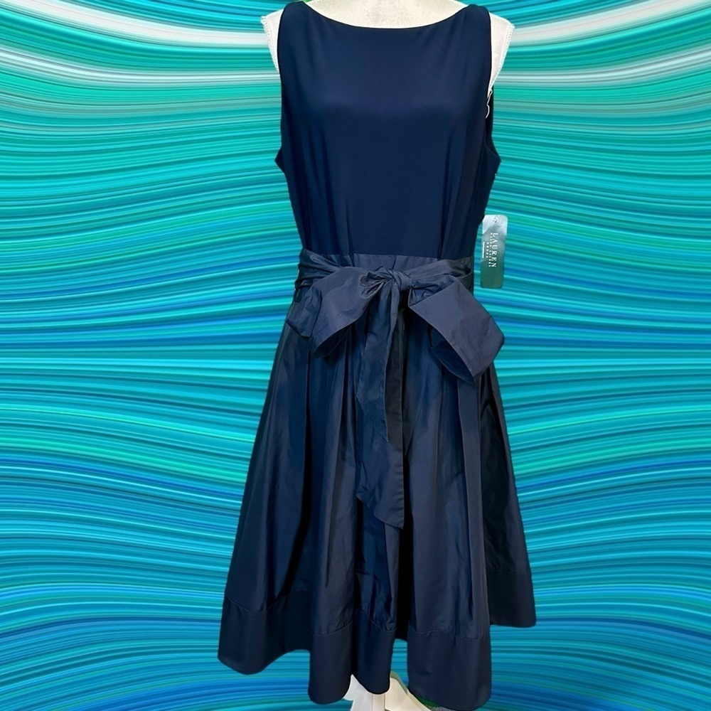 NWT Lauren Ralph Lauren ‘Taffeta-Skirt Dress’ in “Lighthouse Navy” Plus Size 16
